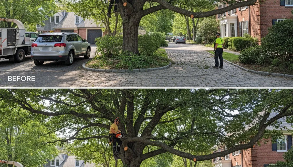 Arborist performing canopy lift tree trimming above Cambridge MA driveway for improved clearance