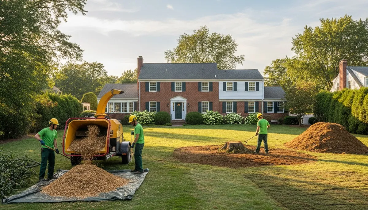 Complete tree removal and yard restoration with debris cleanup in Cambridge, MA by professional crew