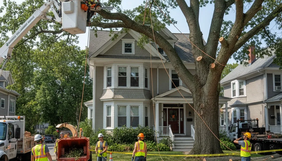 Arborists using bucket truck for large tree removal at residential property in Cambridge, MA