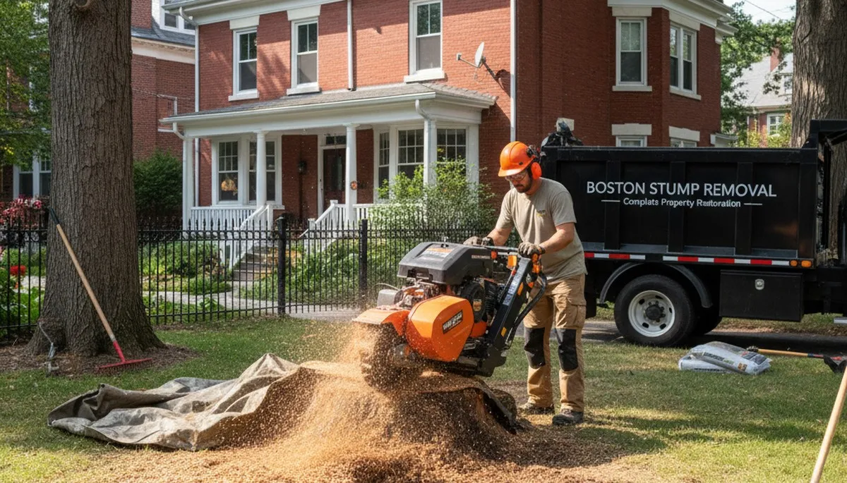 Professional stump grinding service removing tree stumps in Cambridge, MA for yard restoration