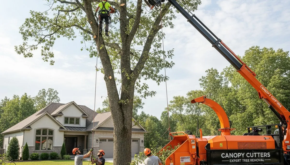 Professional tree removal service in Cambridge, MA safely cutting down large oak tree